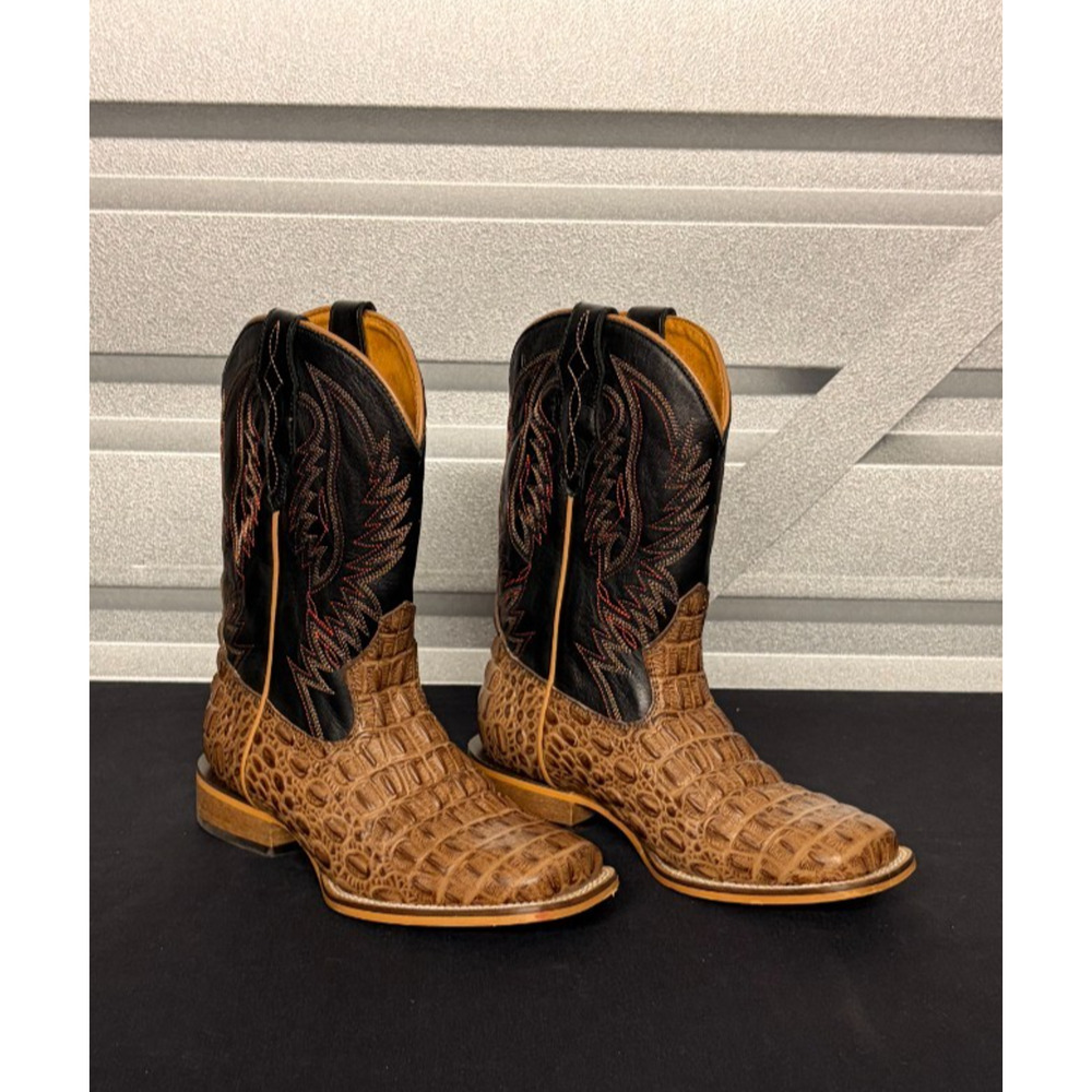 Cavenders Youth LEATHER Crocodile Print Wide Square Toe Cowboy Boots Sz 4.0